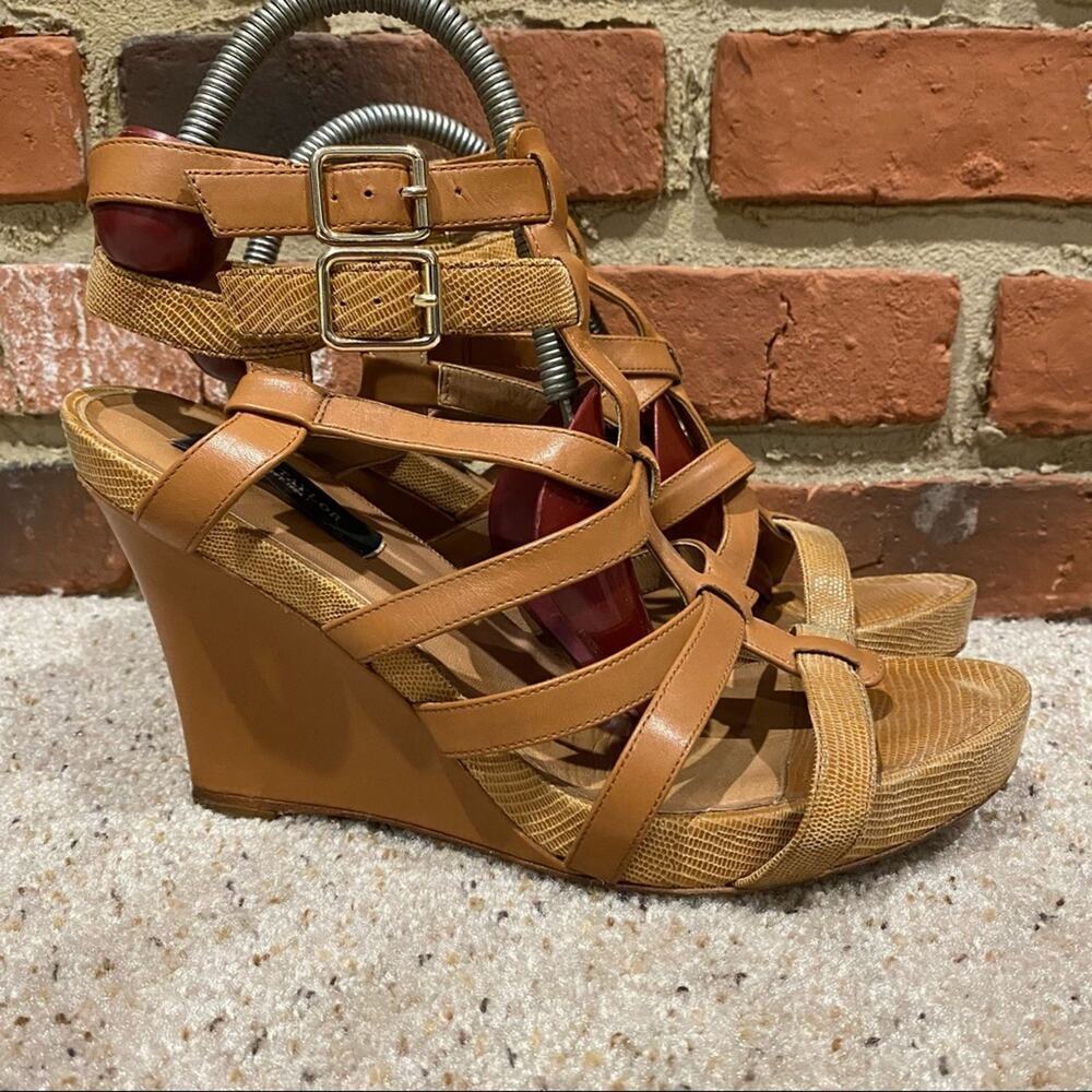 Ann Taylor Tan Wedge Sandals Sz 9.5 Brown Ankle Strap